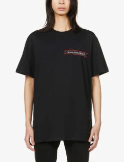 Alexander McQueen Logo-tape Relaxed-fit Cotton-jersey T-shirt -KOOPES Clothing Shop R03929352 BLACKMIX ALT02