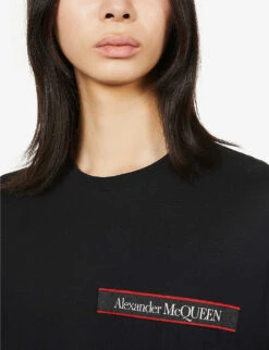 Alexander McQueen Logo-tape Relaxed-fit Cotton-jersey T-shirt -KOOPES Clothing Shop R03929352 BLACKMIX ALT04