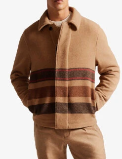 Ted Baker Carlby Striped Collared Recycled Wool-blend Jacket -KOOPES Clothing Shop R04011117 CAMEL ALT02