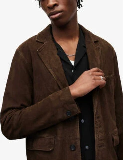 AllSaints Hoku Regular Fit Notch-lapel Suede Blazer -KOOPES Clothing Shop R04063293 CHOCOLATEBROW ALT04