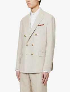ELEVENTY Double-breasted Peak-lapel Regular-fit Wool, Cotton, Silk And Linen-blend Blazer 10 ELEVENTY Double-breasted Peak-lapel Regular-fit Wool, Cotton, Silk And Linen-blend Blazer -KOOPES Clothing Shop R04082513 SAND ALT02