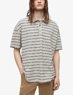 AllSaints Hayden Striped Oversized Organic-cotton Polo Shirt 9 AllSaints Hayden Striped Oversized Organic-cotton Polo Shirt -KOOPES Clothing Shop R04086634 GREYMARL ALT02