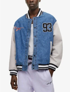 Hugo Brand-embroidered Contrast-sleeve Denim Varsity Jacket -KOOPES Clothing Shop R04088202 BRIGHTBLUE ALT02