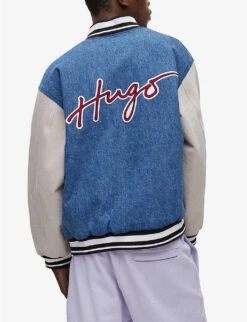 Hugo Brand-embroidered Contrast-sleeve Denim Varsity Jacket -KOOPES Clothing Shop R04088202 BRIGHTBLUE ALT03