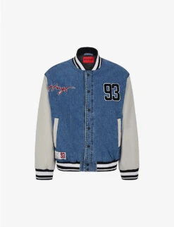 Hugo Brand-embroidered Contrast-sleeve Denim Varsity Jacket