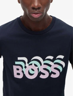 Boss Brand-print Ribbed-trim Cotton T-shirt -KOOPES Clothing Shop R04093707 DARKBLUE ALT04