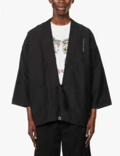 Japanese Culture Graphic-appliqué Cotton And Paper-blend Kimono Jacket -KOOPES Clothing Shop R04118361 BLACK ALT02