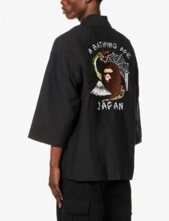 Japanese Culture Graphic-appliqué Cotton And Paper-blend Kimono Jacket -KOOPES Clothing Shop R04118361 BLACK ALT03