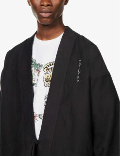 Japanese Culture Graphic-appliqué Cotton And Paper-blend Kimono Jacket -KOOPES Clothing Shop R04118361 BLACK ALT04