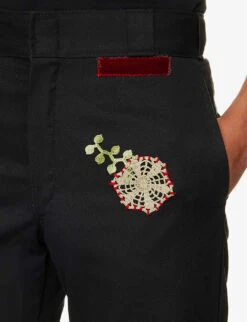 Brand-patch Floral-embroidered Straight-leg Cotton-blend Trousers -KOOPES Clothing Shop R04126422 BLACK ALT04