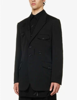 Yohji Yamamoto Flap-pocket Single-breasted Relaxed-fit Wool Jacket -KOOPES Clothing Shop R04131763 BLACK ALT02