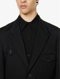 Yohji Yamamoto Flap-pocket Single-breasted Relaxed-fit Wool Jacket -KOOPES Clothing Shop R04131763 BLACK ALT04