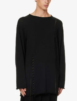 Yohji Yamamoto Drawstring-panel Contrast-stitch Cotton, Rayon And Silk-blend Jumper -KOOPES Clothing Shop R04131771 BLACK ALT02