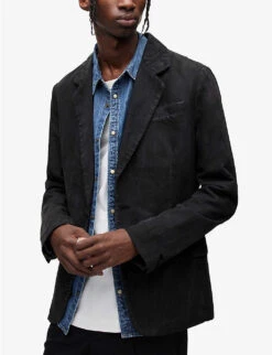 AllSaints Alfawn Textured Relaxed-fit Cotton-linen Blend Blazer -KOOPES Clothing Shop R04135568 DARKCHARCOAL ALT02