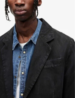 AllSaints Alfawn Textured Relaxed-fit Cotton-linen Blend Blazer -KOOPES Clothing Shop R04135568 DARKCHARCOAL ALT04