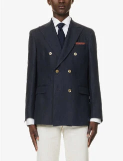 Oscar Jacobson Farris Double-breasted Peak-lapel Linen Jacket -KOOPES Clothing Shop R04145838 NAVY ALT02