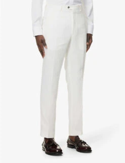 Oscar Jacobson Denz Pressed-crease Tapered-leg Slim-fit Linen Trousers -KOOPES Clothing Shop R04145842 OPTICALWHITE ALT02
