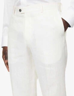 Oscar Jacobson Denz Pressed-crease Tapered-leg Slim-fit Linen Trousers -KOOPES Clothing Shop R04145842 OPTICALWHITE ALT04