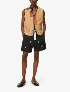 Kantha-stitch Mirror-embroidered Relaxed-fit Upcycled-cotton Shorts -KOOPES Clothing Shop R04146811 BLACKECRU ALT01