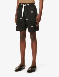 Kantha-stitch Mirror-embroidered Relaxed-fit Upcycled-cotton Shorts -KOOPES Clothing Shop R04146811 BLACKECRU ALT02