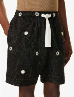 Kantha-stitch Mirror-embroidered Relaxed-fit Upcycled-cotton Shorts -KOOPES Clothing Shop R04146811 BLACKECRU ALT04