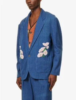 Flower-embroidered Handwoven Boxy-fit Cotton Jacket -KOOPES Clothing Shop R04146813 NAVY ALT02