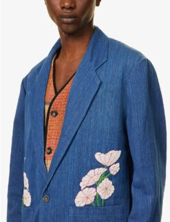 Flower-embroidered Handwoven Boxy-fit Cotton Jacket -KOOPES Clothing Shop R04146813 NAVY ALT04