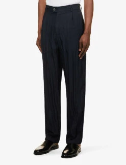 Giorgio Armani Crinkle-textured Pleated Straight-leg Regular-fit Woven Trousers -KOOPES Clothing Shop R04147522 NIGHTSKY ALT02
