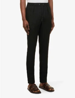Dorset Brand-embroidered Regular-fit Tapered-leg Linen Trousers -KOOPES Clothing Shop R04147848 BLACK ALT02