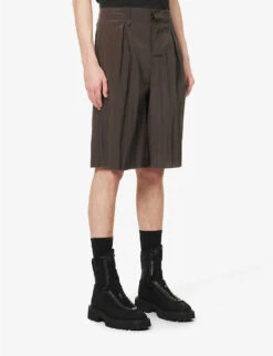 Pleated Brand-embroidered Wool-blend Shorts -KOOPES Clothing Shop R04148567 VINTAGEBLACK ALT02