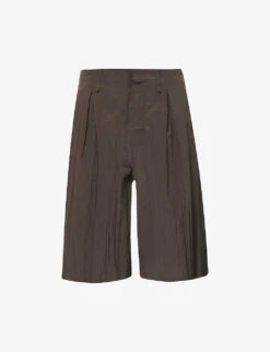 Pleated Brand-embroidered Wool-blend Shorts