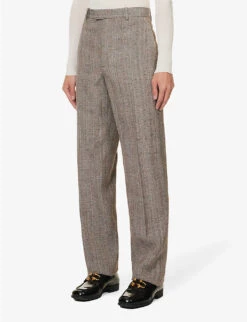 Bottega Veneta Triangle-inlay Pleated Straight-leg Regular-fit Woven Trousers -KOOPES Clothing Shop R04157978 BROWNWHITEBLUE ALT02