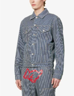 Hickory Striped Brand-appliqué Denim Jacket -KOOPES Clothing Shop R04158126 HICKORY ALT02