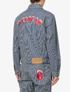 Hickory Striped Brand-appliqué Denim Jacket -KOOPES Clothing Shop R04158126 HICKORY ALT03