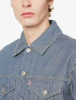 Hickory Striped Brand-appliqué Denim Jacket -KOOPES Clothing Shop R04158126 HICKORY ALT04