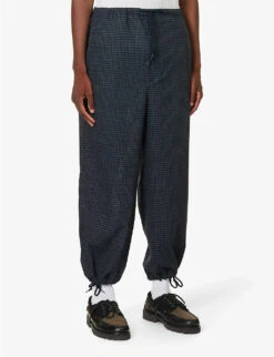 Check-print Drawstring Mid-rise Wide-leg Wool Trousers -KOOPES Clothing Shop R04162322 BLUE ALT02