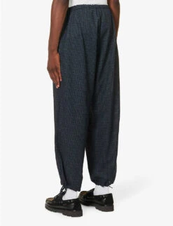 Check-print Drawstring Mid-rise Wide-leg Wool Trousers -KOOPES Clothing Shop R04162322 BLUE ALT03