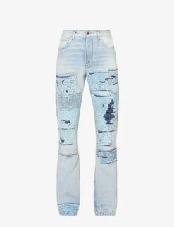 Amiri Bandana Contrast-panel Distressed Straight-leg Jeans